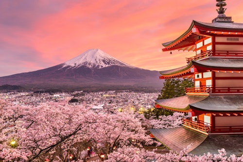 Fujiyoshida, Japan at Chureito Pagoda and Mt. Fuji